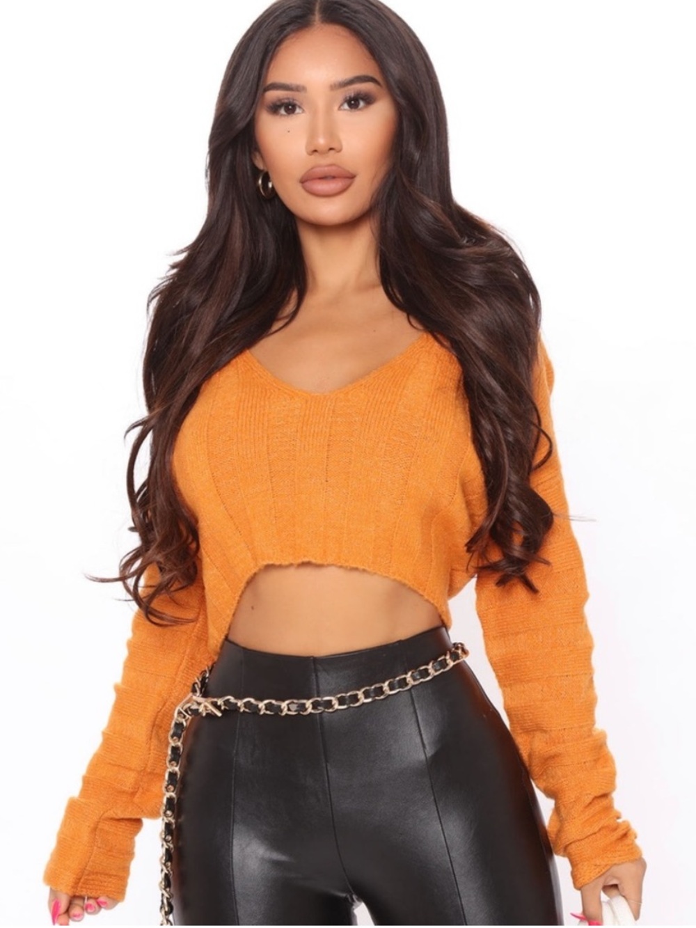 Cropped V-Neck Knit Sweater in Burnt Orange